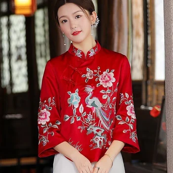 Ar jaunajām Izšūšanas Ķīniešu Stilā Tang Uzvalks Blūze Stand Apkakli Hanfu Sievietēm, Etniskā Harajuku Vintage Topi, Sieviešu Elegants Plus Lieluma 4xl