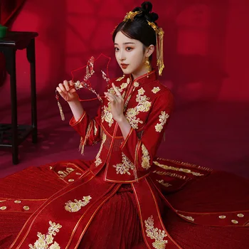 Ķīniešu Sievietes, Jaunu, Kāzu Kleitu Ziedu Austrumu Cheongsam Izsmalcinātu Marrige Uzvalks Ar Rokām Darinātas Krelles Grauzdiņš Apģērbu Līgavai Dāvanu