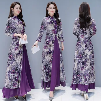 Jaunā Vjetnama ao dai vintage etniskā gara kleita violeta sieviešu graciozs apģērbu oriental dress uzlabota cheongsam