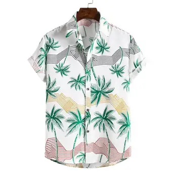 Ir 2021. Vasaras Jaunā Modes Gadījuma Vīrieši Svītras/Koka Iespiesti Īsām Piedurknēm Savukārt Apkakle Slim Havaju Krekls Beachwear Ceļojumu