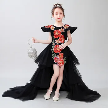 Bērniem Ķīniešu Kleita Izšuvumi Princese Melnā Vakara Kleita Meitene Sārņu Klavieres Puse Kleitas Bērnu Cheongsam Austrumu Tērpi