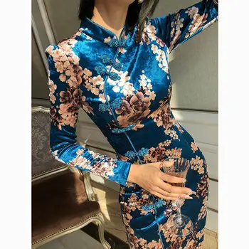 Rudens Ziemas Jaunu High-end Catwalk Cheongsam Ilgi, Sieviešu Kostīmu Plus Lieluma Slim Qipao Elegants Ķīniešu Stilā Drukas Kleita