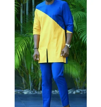 Royal Zils Un Dzeltens Raibs Vīriešu Krekli+Cietā Bikses Kokvilnas Apģērbu Komplekts Āfrikas Modes Pusi Piedurknēm Top Ielāpu Ilgi Elsas