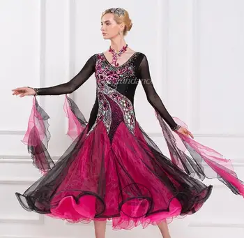 Pielāgot rhinestone melna rozā krāsā ar garām piedurknēm Fox rikši Valsis tango, salsa konkurences balles deju kleita