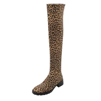 Sgesvier Sieviešu modes 2019 liels izmērs 43 chunky papēži leopard virs ceļgala zābaki sieviešu kurpes pievienot kažokādas ziemas apavi sieviete