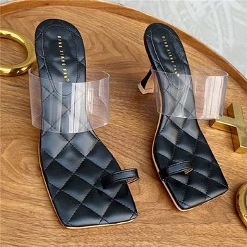 Jaunā Sieviešu Slaidi 7cm augstpapēžu kurpes Mūļu Fetišs Vasaras PVC Sandales Pārredzamu Čības Mazs Kaķēns Papēži Kāzu Līgavas Mīkstas Kurpes