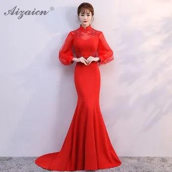 Mūsdienu Red Līgava Cheongsam Ilgi Sirēna Sexy Kleitas Sievietēm Ķīniešu Tradicionālās Vakarkleita Qi Pao Chinoise Elegants Slim Drēbes