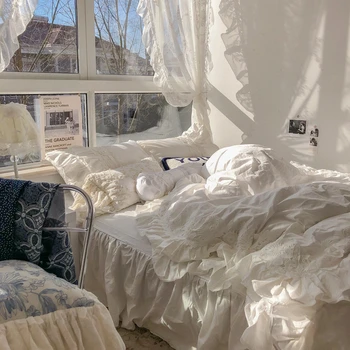 Korejas pasaku baltu kokvilnas skaistu, siltu un ērtu četru gabals kokvilnas sega vāciņu, gulta, gultas svārki