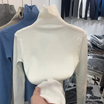 Elegants augstu uzrullētu apkakli Džemperis Sieviešu garām Piedurknēm Trikotāža Top 2021. Gada Rudenī un Ziemā, Jaunu Iekšējo Valkāt Zemāko Pull Femme