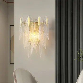 Amerikāņu luksusa Lapu, stikla, vara sienas lampas villa guļamistabas gultas Dzīvojamā istabā TV fona sienas dekoratīvie gaismas armatūra