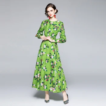 Ir 2021. Jaunu Kritums Vasaras Modes Skrejceļa Zaļš Maxi Kleita Ar Ziedu Print Drēbes Femme Bohemia Gadījuma Brīvdienu Gara Kleita Arābijas Vestidos