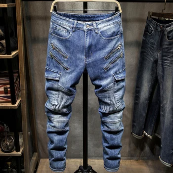 Amerikāņu Streetwear Modes Vīriešu Džinsi Retro Zilā Savienoti Dizainers Slim Fit Biker Džinsi Vīriešu Hip Hop Lielas Kabatas Džinsa Kravas Bikses