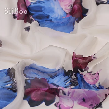 Franču elegants ziedu iespiesti elpojoši tīra zīda šifona auduma sieviešu vasaras pludmales kleita tissus tecidos telas SP6119