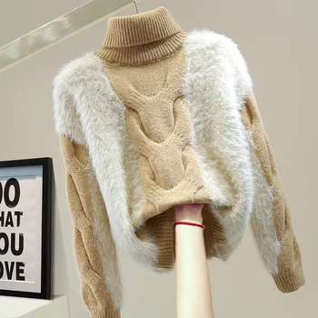 Modes Dizaina Izšūšanas Mohēra augstu uzrullētu apkakli Pulovers Ir 2021. Rudens Ziemas korejas Zaudēt Slim Elegants Kabeļu Adīt Džemperis Sievietēm