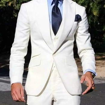Pasūtījuma Modes Augstas Kvalitātes Balts Vīriešu Slim Fit Uzvalku Līgavainim Uzvalku Kāzu Kleitu Vakariņas Puse Kostīms (Jaka+Bikses+Veste)