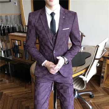 Vīriešu Formālu Uzvalku 3 Gabals Komplekts Uzņēmējdarbības Kāzu, Banketu Vīriešu Režģi, Kostīmi, Žaketes ar Veste un Bikses Slim Elegants Cilvēks Komplekti