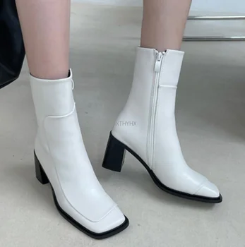 Elegants Sieviešu Potītes Zābaki Balts Laukums Augstiem Papēžiem Bootties Modes Kvadrātveida Kājām Rāvējslēdzēju Rudens Ziemas Puse Sieviešu Kurpes Sieviešu Boot
