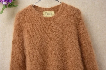 Dāmas džemperis cieto o-veida kakla garām piedurknēm angoras trušu kažokādas trikotāžas blūze pamata puloveri rudens ziemas džemperis ūdeļu blūzes