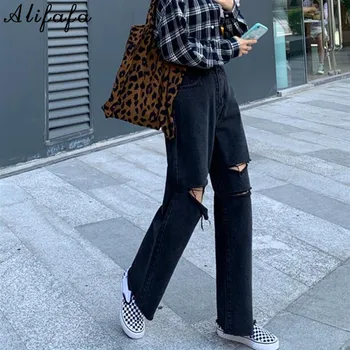 Sieviete Ripped Džinsi Ar Augstu Jostas Drēbes Plaša Kāju Džinsa Apģērbu Streetwear Vintage Modes Harajuku Taisnas Bikses, Melns