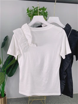 Ir 2021. vasaras JAUNA mežģīņu kroku trīsdimensiju izšūšanas dimanta īsām piedurknēm T-krekls sievietēm ir ciets colorcasual satīna top XL