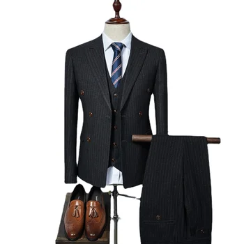 ( Žakete + Veste + Bikses ) Modes Svītrainām Oficiālas Uzņēmējdarbības Vīriešu Slim Uzvalks 3piece Uzstādīt Dubulto Krūtīm, Banketa Līgavainis Kāzu Kleita