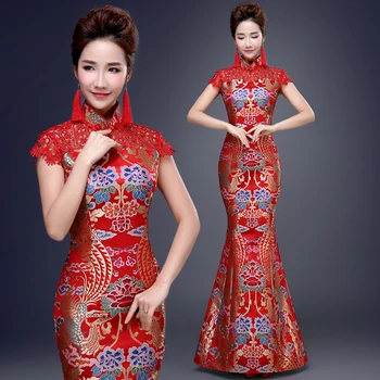 Jauno Modes Red Ķīniešu Kāzu Kleitas, Vintage Tradicionālā Ķīniešu Sievietes Ilgi Cheongsam Qipao Elegants Banketu Kleitas