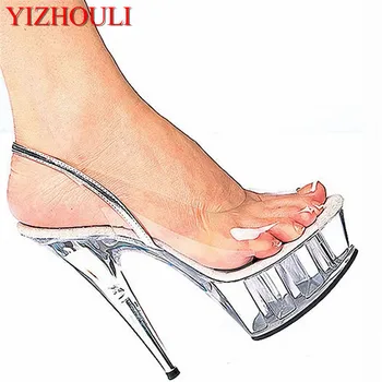 Veicināšanas 15cm augstpapēžu kurpes modes kristāla kurpes sieviešu kurpes Skaidrs 6 Collu Duncis Papēdi Sandales Eksotisko Dejotāju kurpes