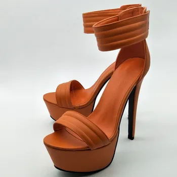2019 Modes oranža sarkana PU burvju nūju siksnas 4.5 cm ūdensizturīgs 14.5 cm augsts papēdis sandales puse sieviešu sandales