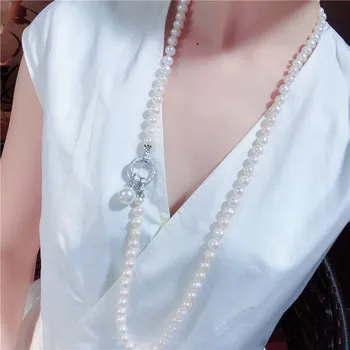 Roku darbs 8-9mm balta saldūdens kultivētās pērles mikro kastīšu zircon piederumi pogu shell pearl piekariņu džemperis kaklarota 100cm