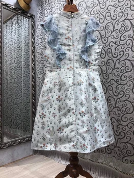 Vintage Kleita Ir 2021. Pavasara Vasaras Modes Stila Sieviešu Vintage Žakarda Drukāt Mežģīnes Savārstījums Bez Piedurknēm, Zils-Line Kleita Princese