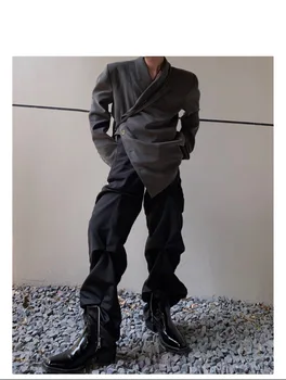Vīriešu Melna Taisnas Bikses Safari Stila Kroku Stilīgs Dizains Zaudēt Garās Bikses