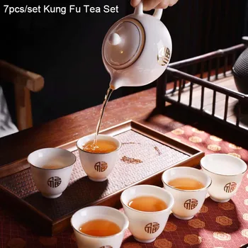 BORREY 7Pcs Keramikas Tējas Komplekts Suet Jade Kung Fu Tējas Uzstādīt Vienkāršu Tēju izgatavošanas Veidotāju Tikšanās Viesi Balta Porcelāna Tējkanna Kausa Dāvanu Kastē