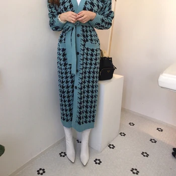 Ir 2021. Jaunu Houndstooth Adītas Garās vilnas Jakas Džemperi Sievietēm ar garām Piedurknēm Singe-krūšu V-veida kakla Vērtnes Vintage Modes Topi Mujer