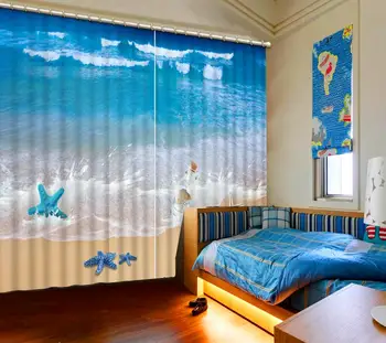 Luksusa Blackout 3D Logu Aizkari Dzīvojamā Istaba Guļamistaba beach viļņu aizkari, aizkaru zilā istaba