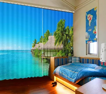 2019 augstas kvalitātes rozā blackout aizkaru Kokosriekstu koku jūras ainavu Dzīvojamā istaba guļamistaba logu aizkaru 3d