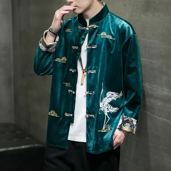 Ķīniešu Stilā Vintage Velveta Jaka, Vīriešu Apģērbs Pavasara Rudens Harajuku Pogu Celtņa Izšuvumi Mētelis Plus Lieluma Augšas Vīriešu V2275