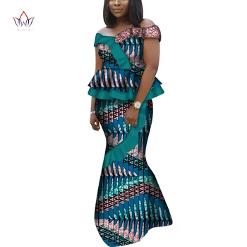 Āfrikas Īsām Piedurknēm Drukāt Topi un Svārki Komplekti Sievietēm Bazin Riche Āfrikas Apģērbu 2 Gabali Svārki Izslēgts Plecu WY6802