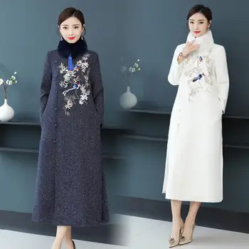 Moderns luksusa Uzlabot sieviešu cheongsam ziemas jauno apdare vintage etniskā garš, vilnas mētelis lielu izmēru modes silts vilnas mētelis