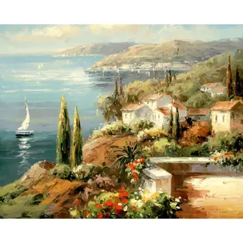 Roku apgleznoti skaisti eļļas gleznas Vidusjūras Vista pilsētas scence mākslas darbu dzīvojamā istaba dekori