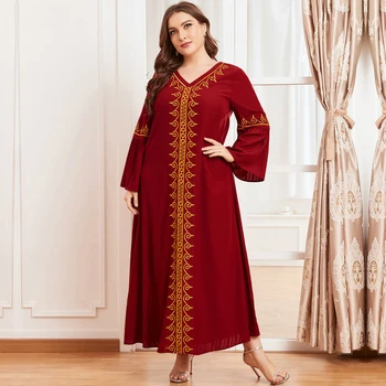 Musulmaņu Apģērbu, kas paredzēts Sievietēm, Jaunā V-veida Kakla Izšuvumi Sarkanas Garās Kleitas Vienkāršu Stilu Zaudēt Plānas Ilgi Kroku Svārki Abaya Sieviešu Drēbes