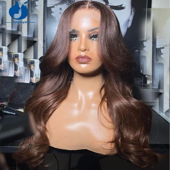 Ametists 5x5 PU Top Zīda Mežģīnes Slēgšanas Parūkas Ķermeņa Vilnis Šokolādes Brūnā krāsā, Mežģīnes Priekšpusē Parūkas Remy Human Hair Preplucked Sievietēm