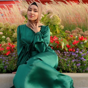 Eid Satinlike Kleita Dubaija Abaya Sievietēm Aplauzt Priekšā, Elegants ar garām Piedurknēm Hijab Kleitas Puse Drēbes Musulmaņu Islama Turcija Drēbes