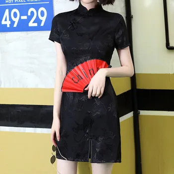 Jauns Ķīniešu Cheongsam Tradicionālais Nacionālais Stils Dāmas Īsām Piedurknēm Melnā Slim Plānas Sadalīt Dakša Sexy Īsas Kleitas, Elegants Qipao