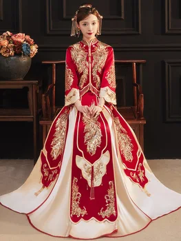 Tradicionālo Elegants Līgava Precēties Kleita Vizuļi Phoenix Izšuvumi Pušķis Ķīniešu Cheongsam Pāris Kāzu Uzvalks китайская одежда