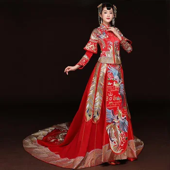 Vintage Red Līgava Precēties Kleita Seno izšūti phoenix royal princess kostīmu Tradicionālā Ķīniešu Sieviešu Kāzu Cheongsam