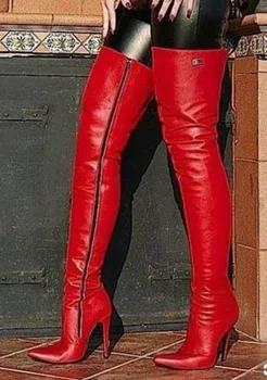Sarkanā Paklāja Ādas Augstpapēžu Ziemas Zābaki Sievietēm Virs Ceļgala Boot Augstiem Papēžiem Modes Dāmas Augšstilba Augstu Duncis Ilgi Zip Botas