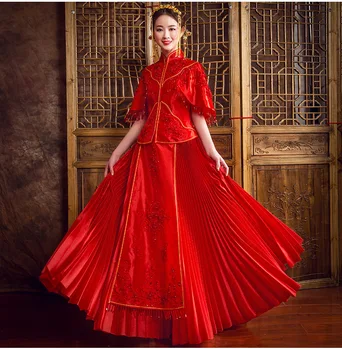 Sarkanā līgava cheongsam Vintage ķīniešu stila kāzu vakara kleita apģērbu Izšūšana Phoenix Qipao kostīmu Vestidos Izmērs S-XXL