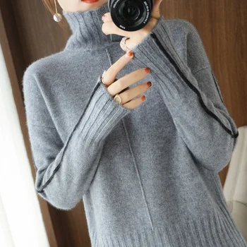 Sieviešu džemperis rudens / ziemas jauns vilnas džemperis ar augstu apkakli gadījuma sabiezējums palielināt york kašmira pulovers dāmu topi,