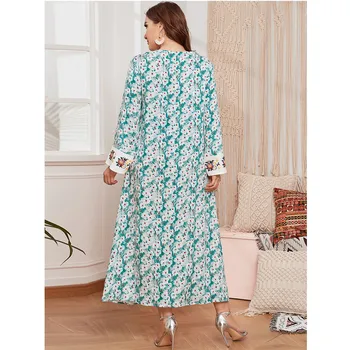 Plus Lieluma Ziedu Drukāt Gara Kleita arābu Abaya Islāma Apģērba Turcijā, Tuvajos Austrumos, Dubaija Kaftan V-veida kakla Musulmaņu Sieviešu Maxi Drēbes