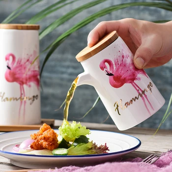 Keramikas Garšvielas Pot Uzstādīt Ziemeļvalstu Flamingo Virtuves Galda Komplekts Cukura Sāls noliktavas ar Bambusa Karoti un tekņu